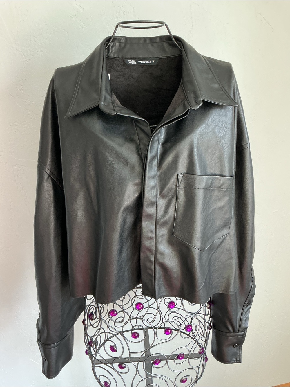 NWT Zara Black Faux Leather Cropped Shirt Jacket